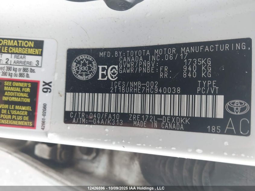 2017 Toyota Corolla Ce VIN: 2T1BURHE7HC940038 Lot: 12426596