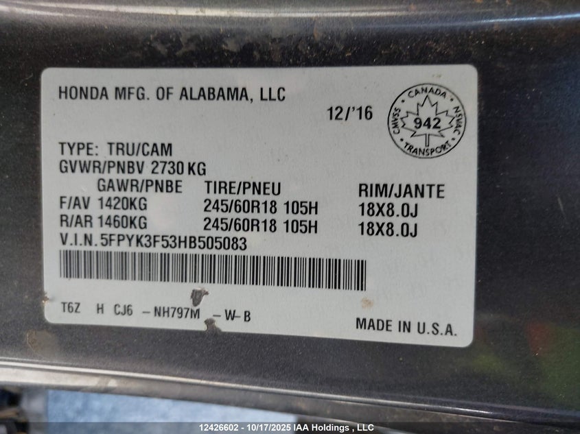 5FPYK3F53HB505083 2017 HONDA RIDGELINE photo no. 9
