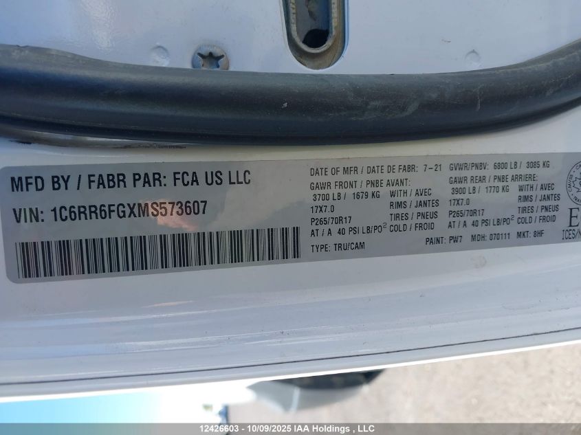 2021 Ram 1500 Classic Tradesman VIN: 1C6RR6FGXMS573607 Lot: 12426603