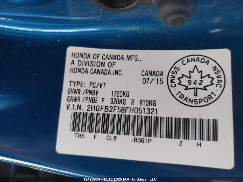 2015 Honda Civic Ex 4Dr VIN: 2HGFB2F58FH051321 Lot: 12426634