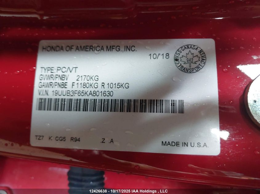 2019 Acura Tlx Technology/A-Spec VIN: 19UUB3F65KA801630 Lot: 12426638