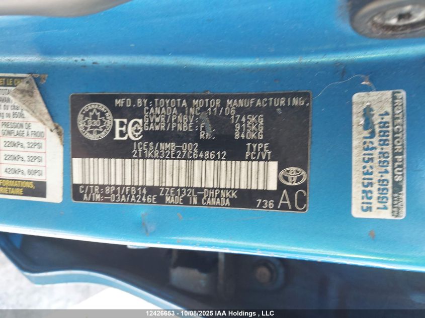 2007 Toyota Matrix Xr VIN: 2T1KR32E27C648612 Lot: 12426653