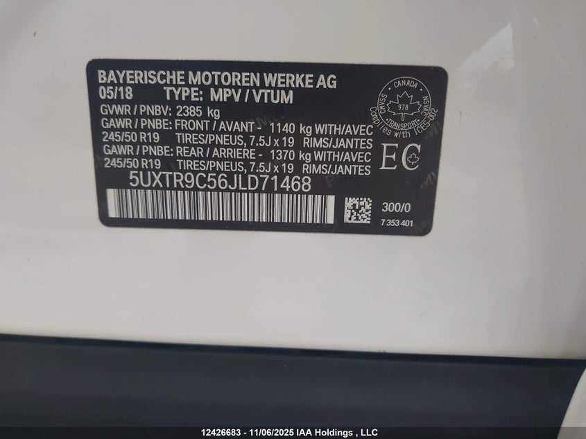 2018 BMW X3 xDrive30I VIN: 5UXTR9C56JLD71468 Lot: 12426683