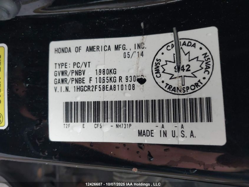 2014 Honda Accord Sport VIN: 1HGCR2F58EA810108 Lot: 12426687
