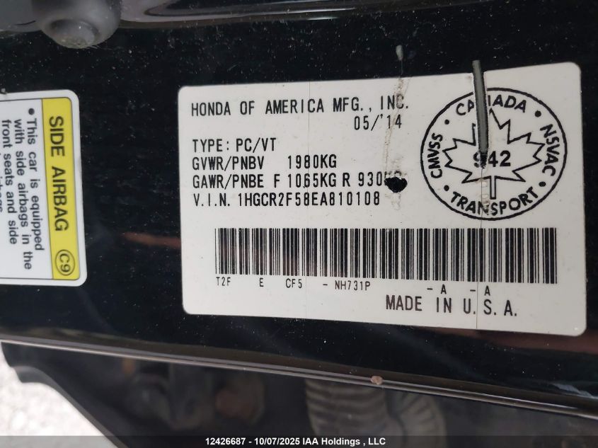 2014 Honda Accord Sport VIN: 1HGCR2F58EA810108 Lot: 12426687