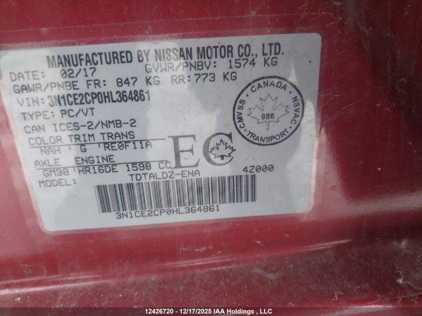 2017 Nissan Versa Note S/S Plus/Sv/Sl/Sr VIN: 3N1CE2CP0HL364861 Lot: 12426720