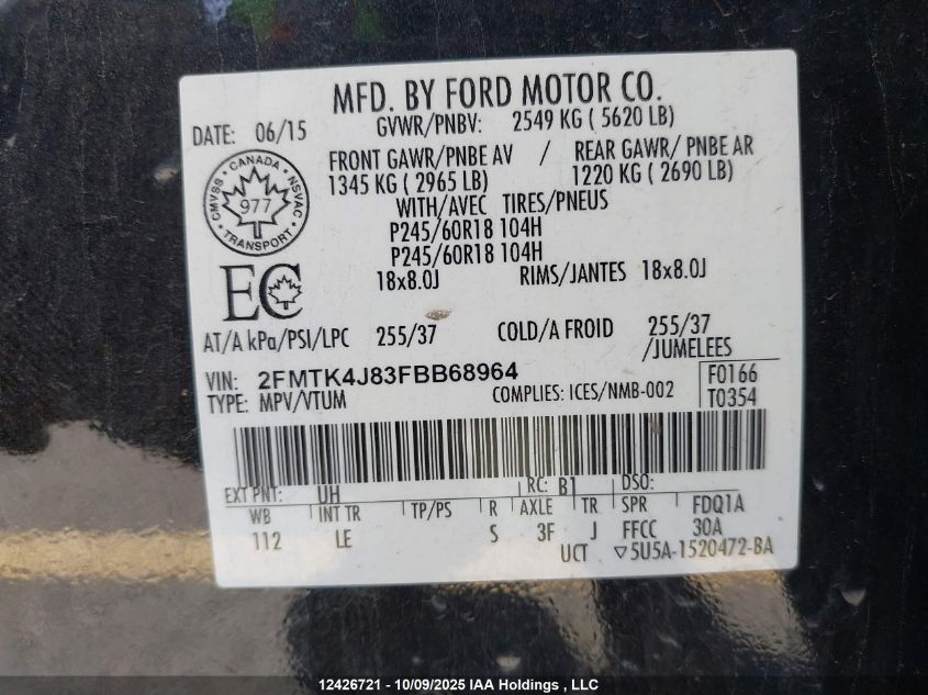 2015 Ford Edge Sel VIN: 2FMTK4J83FBB68964 Lot: 12426721