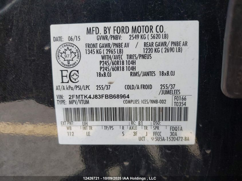 2015 Ford Edge Sel VIN: 2FMTK4J83FBB68964 Lot: 12426721