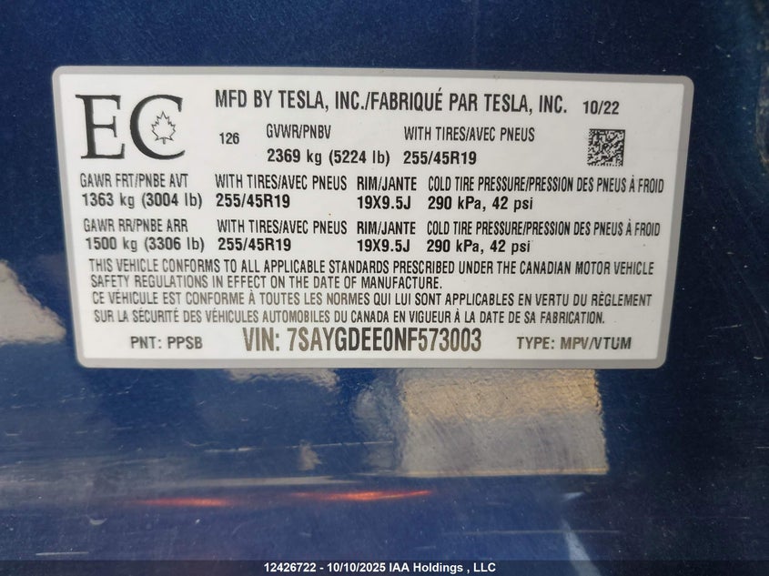 7SAYGDEE0NF573003 2022 TESLA MODEL Y photo no. 19