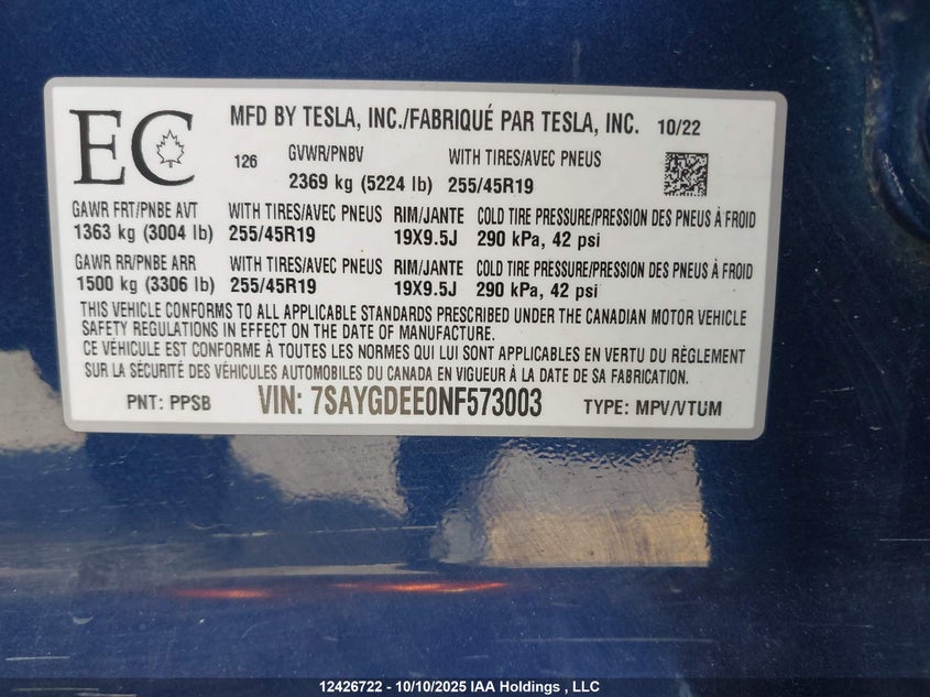 7SAYGDEE0NF573003 2022 TESLA MODEL Y photo no. 9