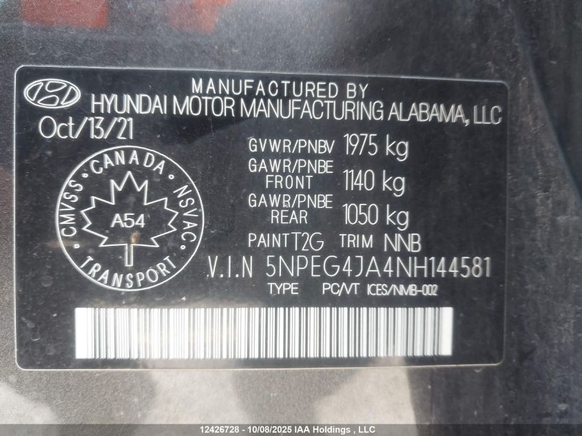 2022 Hyundai Sonata Preferred VIN: 5NPEG4JA4NH144581 Lot: 12426728
