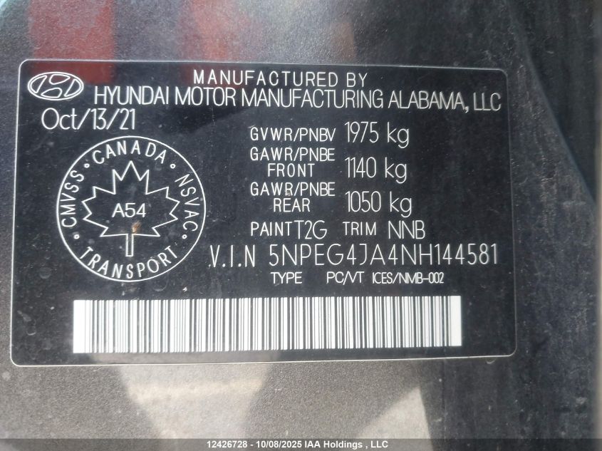 2022 Hyundai Sonata Preferred VIN: 5NPEG4JA4NH144581 Lot: 12426728