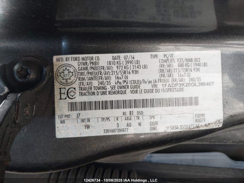 2016 Ford Focus Se VIN: 1FADP3K20GL366407 Lot: 12426734