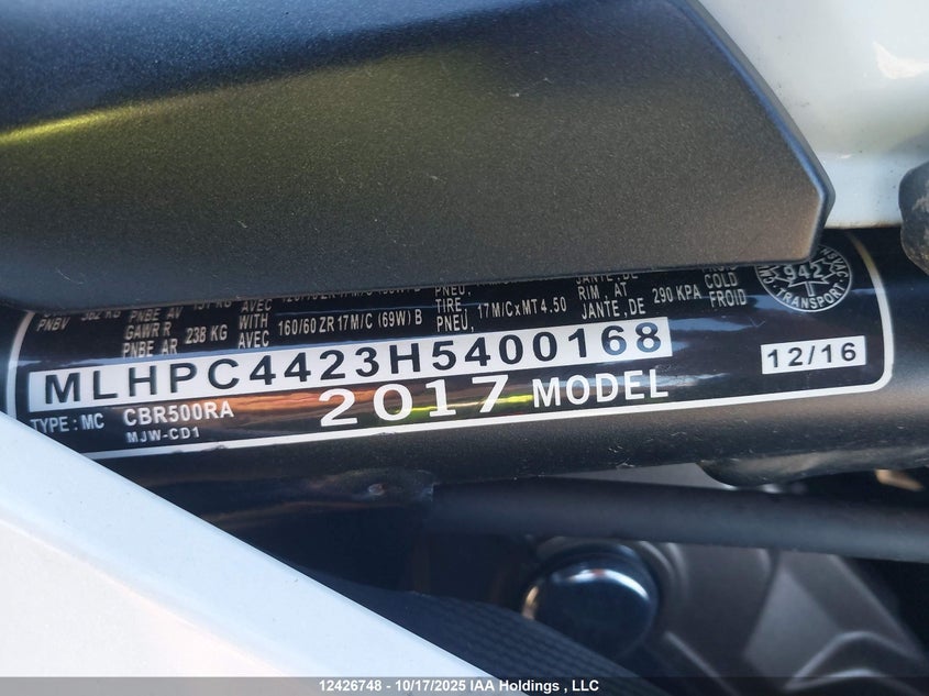 2017 Honda Cbr500 Ra-Abs VIN: MLHPC4423H5400168 Lot: 12426748