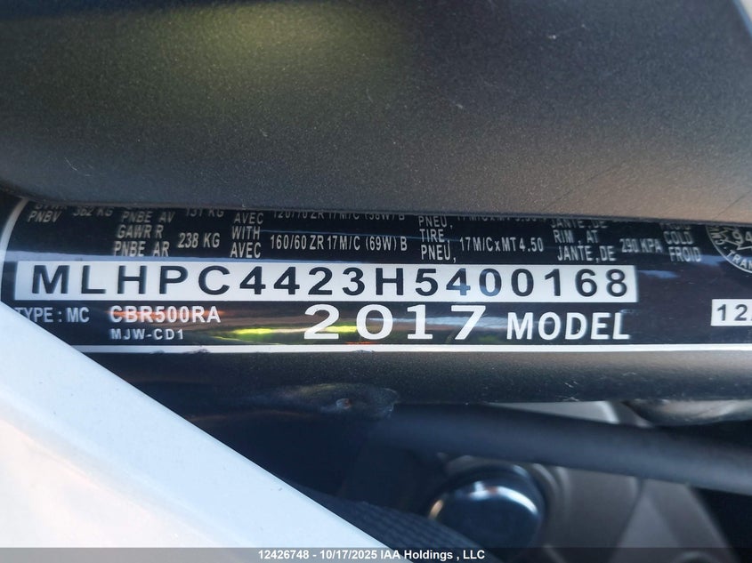 2017 Honda Cbr500 Ra-Abs VIN: MLHPC4423H5400168 Lot: 12426748