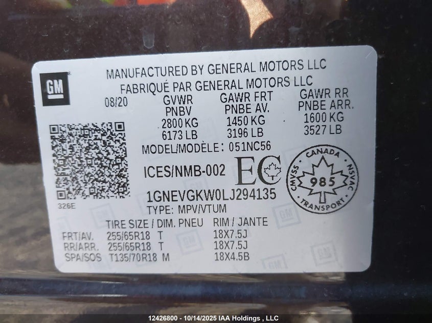 1GNEVGKW0LJ294135 2020 CHEVROLET TRAVERSE photo no. 19