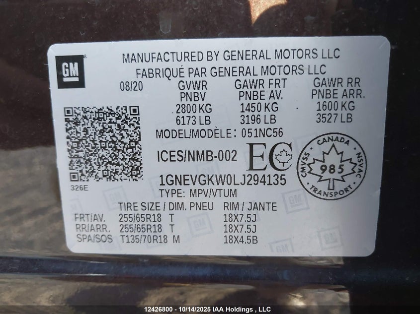 1GNEVGKW0LJ294135 2020 CHEVROLET TRAVERSE photo no. 9