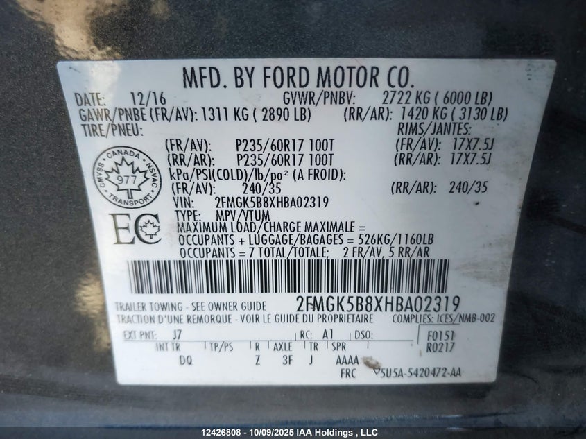 2017 Ford Flex Se VIN: 2FMGK5B8XHBA02319 Lot: 12426808