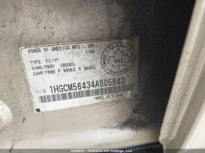 2004 Honda Accord Lx-G VIN: 1HGCM56434A805842 Lot: 12426812