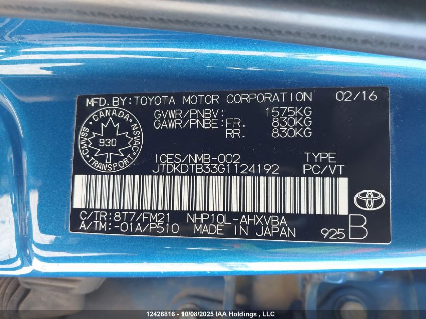 2016 Toyota Prius C VIN: JTDKDTB33G1124192 Lot: 12426816