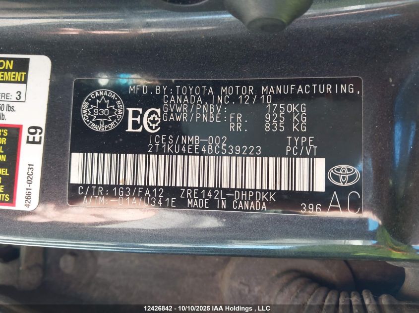 2011 Toyota Matrix VIN: 2T1KU4EE4BC539223 Lot: 12426842