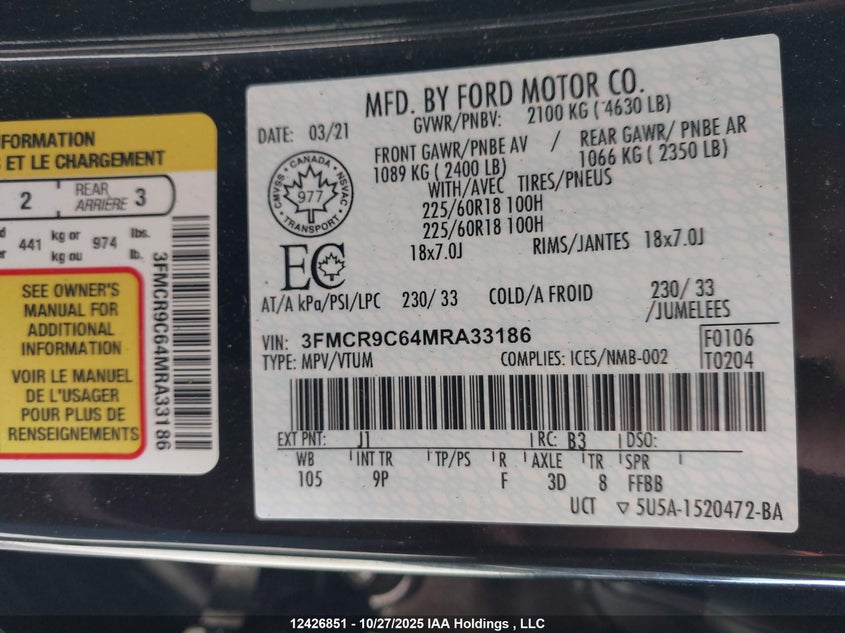 3FMCR9C64MRA33186 2021 FORD BRONCO SPORT photo no. 19