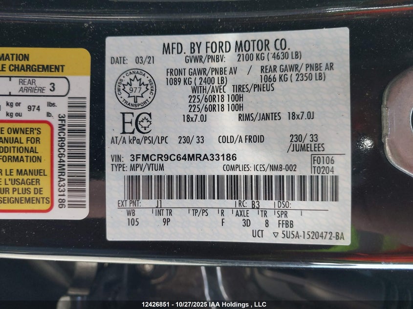3FMCR9C64MRA33186 2021 FORD BRONCO SPORT photo no. 9