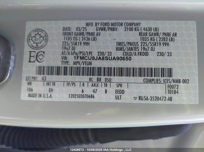 1FMCU9JA8SUA90650 2025 FORD ESCAPE photo no. 9