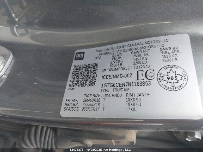 2022 GMC Canyon Elevation VIN: 1GTG6CEN7N1168853 Lot: 12426876