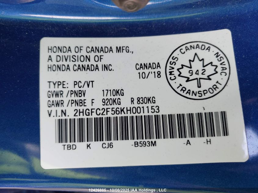 2019 Honda Civic Sedan VIN: 2HGFC2F56KH001153 Lot: 12426885