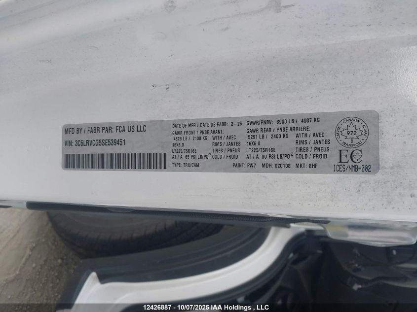 2025 Ram Promaster 2500 2500 High VIN: 3C6LRVCG5SE539451 Lot: 12426887