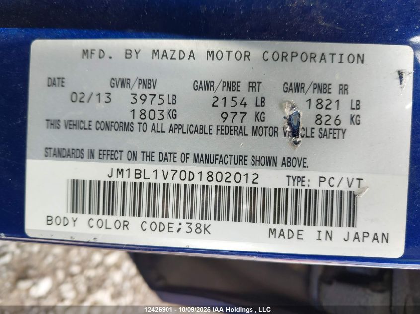 2013 Mazda Mazda3 Gs-Sky VIN: JM1BL1V70D1802012 Lot: 12426901