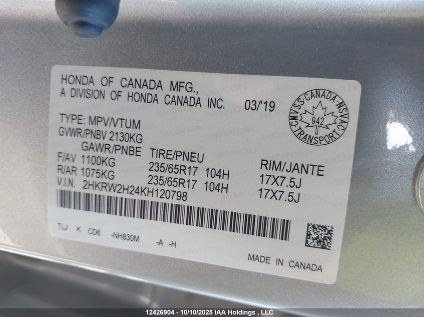 2019 Honda Cr-V Lx VIN: 2HKRW2H24KH120798 Lot: 12426904