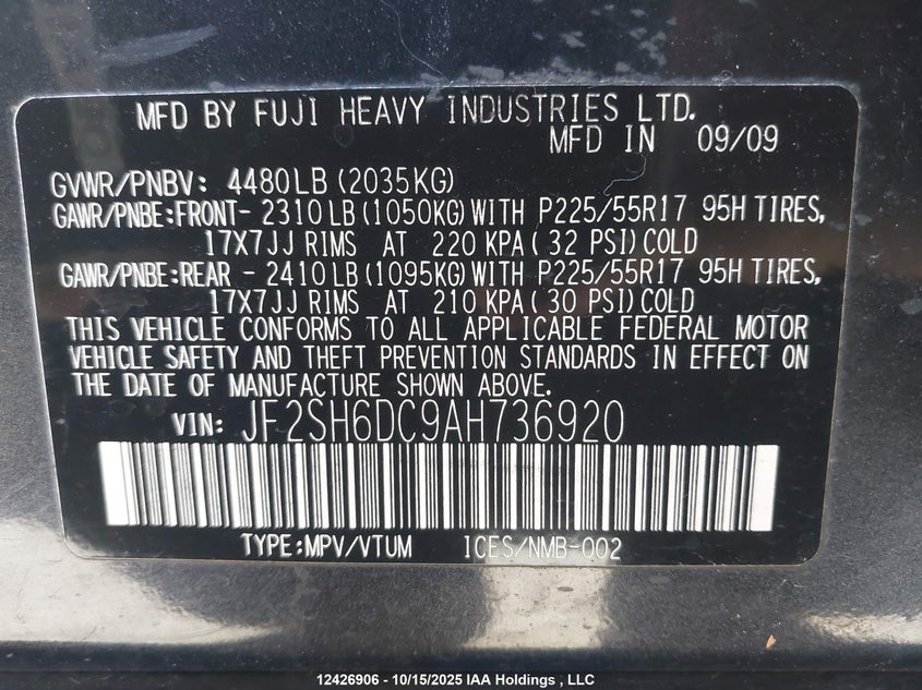 JF2SH6DC9AH736920 2010 SUBARU FORESTER photo no. 9