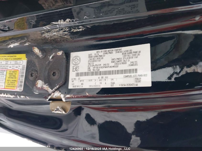 2017 Ford F150 Super Cab VIN: 1FTEX1EP9HFA04022 Lot: 12426965