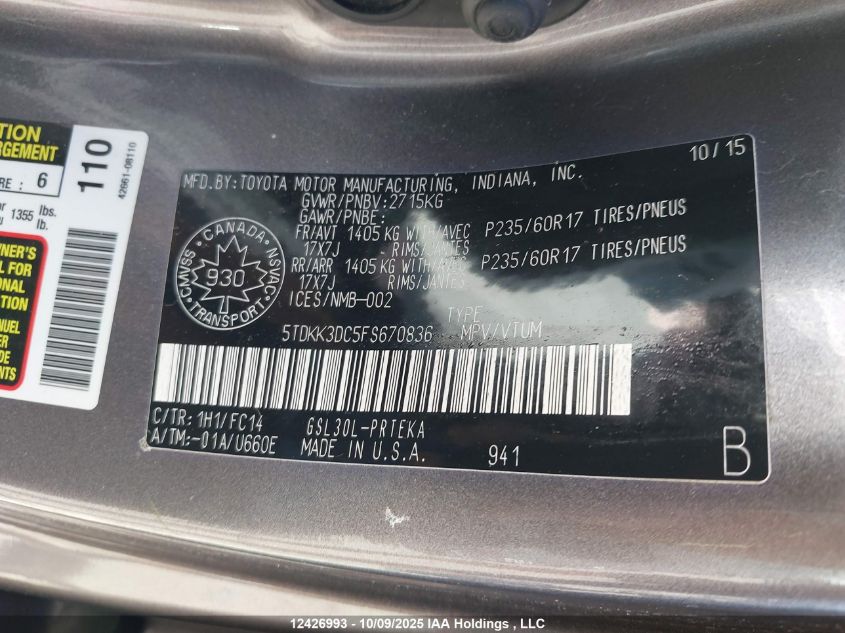 2015 Toyota Sienna VIN: 5TDKK3DC5FS670836 Lot: 12426993