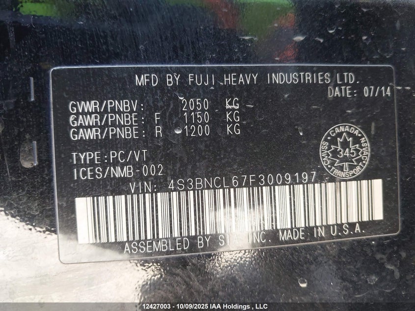 2015 Subaru Legacy 2.5I Limited Package VIN: 4S3BNCL67F3009197 Lot: 12427003