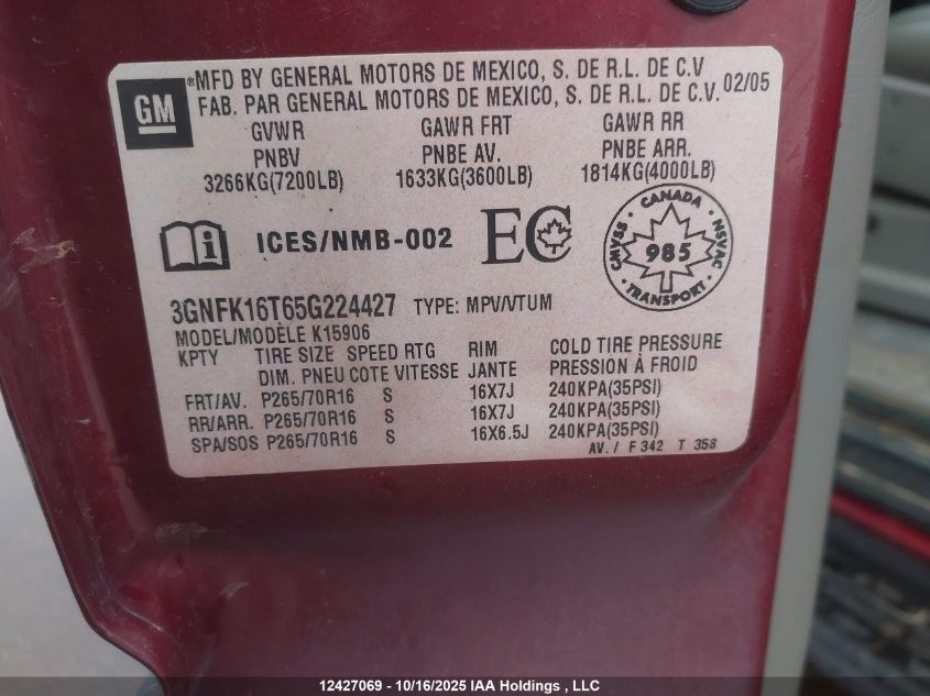 2005 Chevrolet Suburban 1500 Ls1/Lt/Off Road Suspension And Appearance Pkg. VIN: 3GNFK16T65G224427 Lot: 12427069