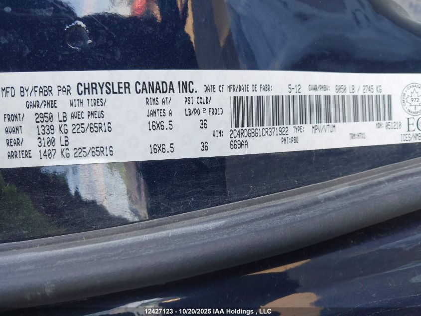 2012 Dodge Grand Caravan Se VIN: 2C4RDGBG1CR371922 Lot: 12427123