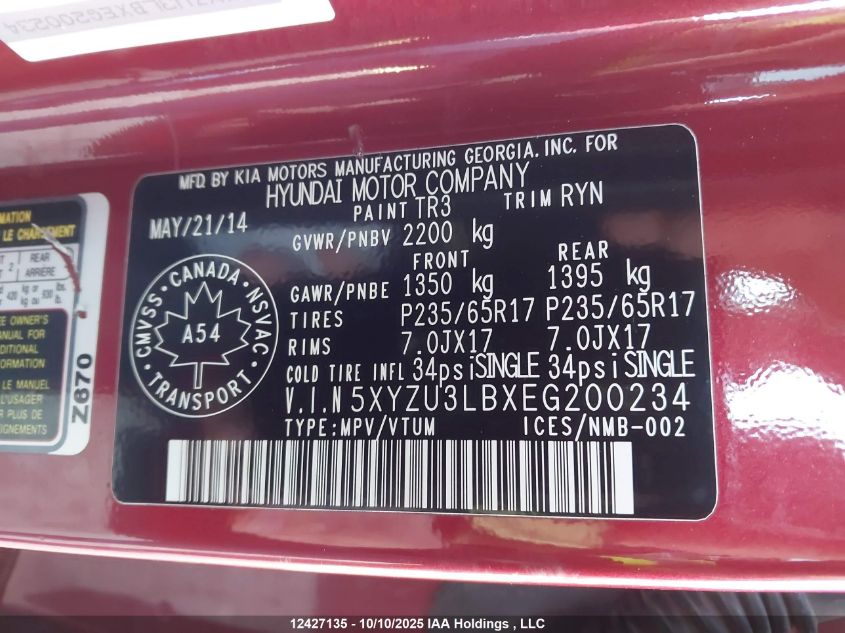 2014 Hyundai Santa Fe Sport 2.4 Premium VIN: 5XYZU3LBXEG200234 Lot: 12427135