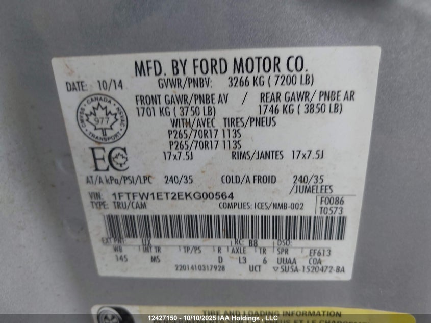 1FTFW1ET2EKG00564 2014 FORD F-150 photo no. 9