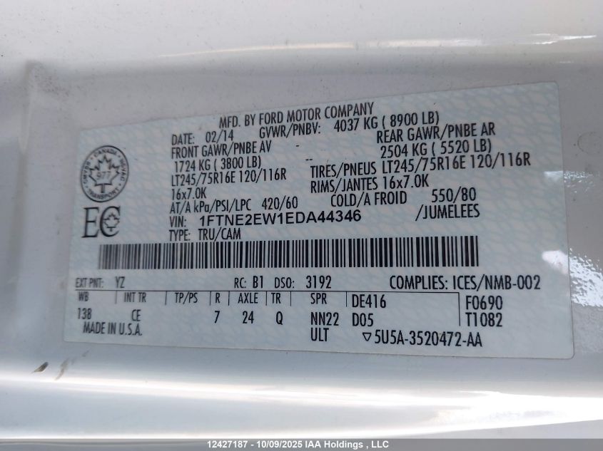 2014 Ford E-250 Commercial VIN: 1FTNE2EW1EDA44346 Lot: 12427187