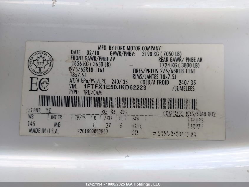2018 Ford F-150 Xlt VIN: 1FTFX1E50JKD62223 Lot: 12427194