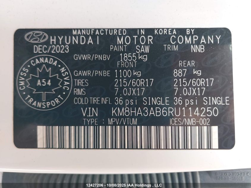 2024 Hyundai Kona 2.0L Essential VIN: KM8HA3AB6RU114250 Lot: 12427206