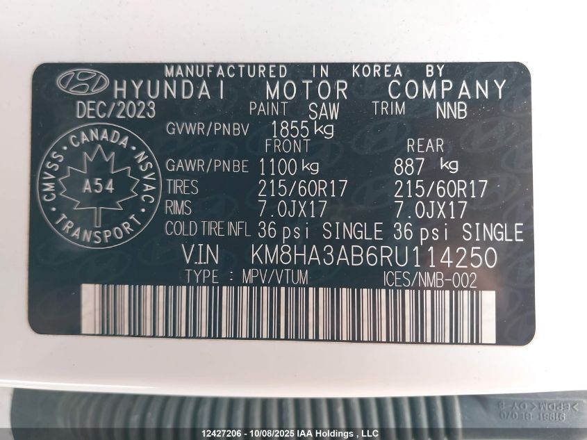 2024 Hyundai Kona 2.0L Essential VIN: KM8HA3AB6RU114250 Lot: 12427206