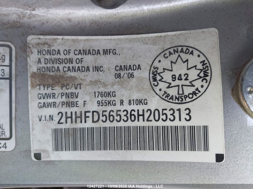 2006 Acura Csx Touring VIN: 2HHFD56536H205313 Lot: 12427221