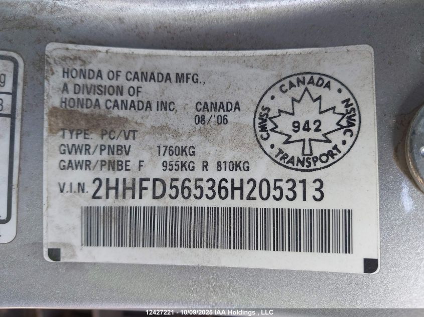 2006 Acura Csx Touring VIN: 2HHFD56536H205313 Lot: 12427221