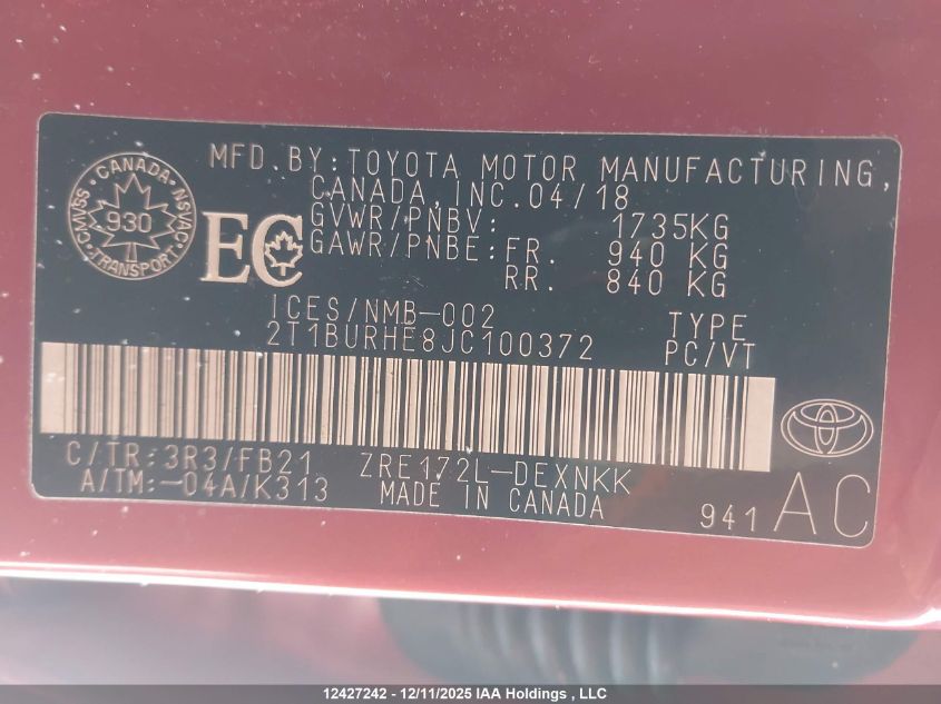 2018 Toyota Corolla VIN: 2T1BURHE8JC100372 Lot: 12427242