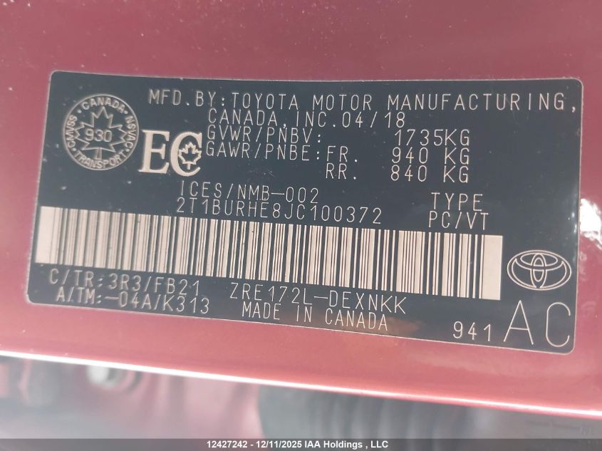 2018 Toyota Corolla VIN: 2T1BURHE8JC100372 Lot: 12427242
