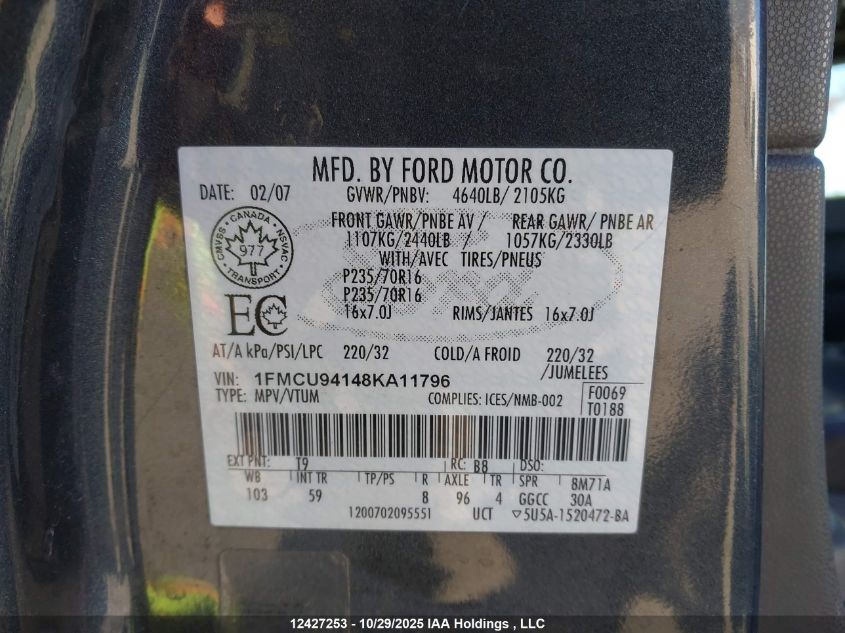 2008 Ford Escape Limited VIN: 1FMCU94148KA11796 Lot: 12427253